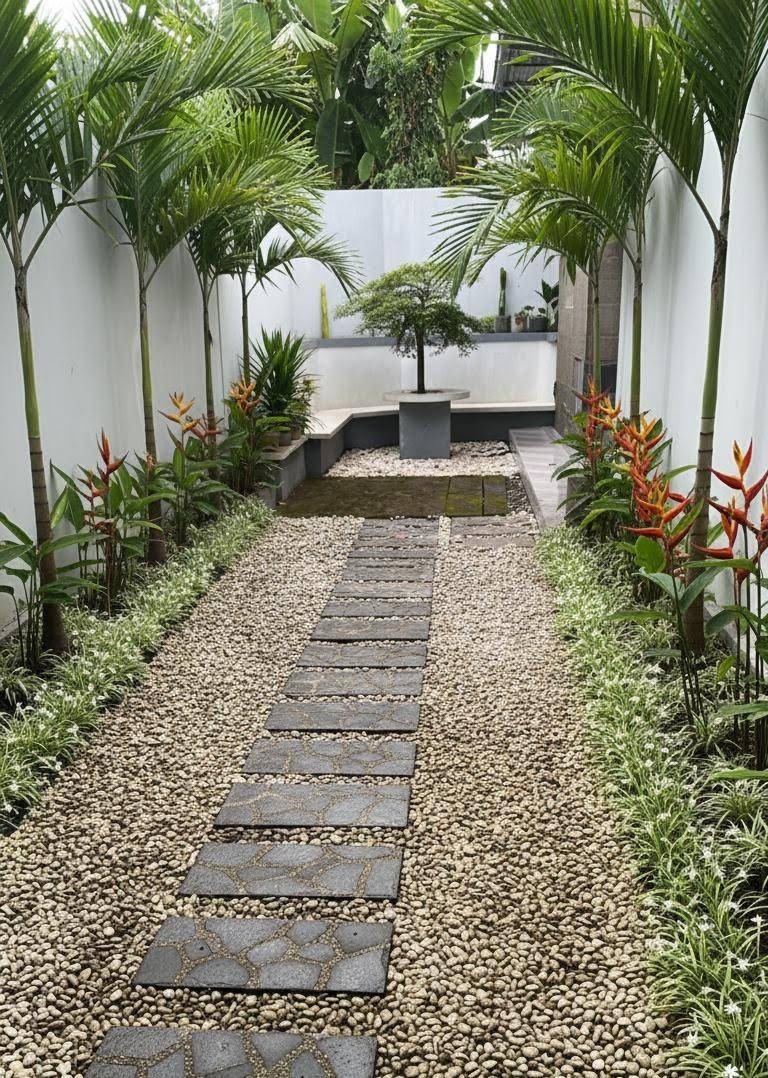 Lorong taman dengan jalan batu, kerikil, dan deretan palem
