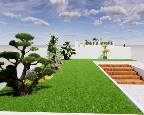 Gambar desain taman dengan bonsai besar, rumput, dan tangga kayu