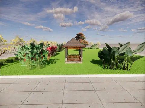 Gambar desain taman dengan gazebo kayu dan tanaman tropis