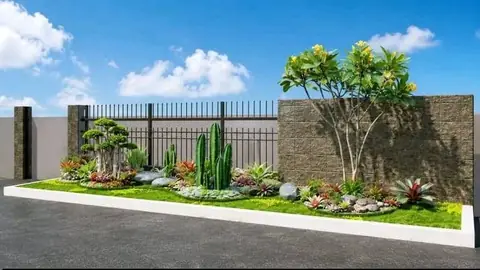 Gambar desain taman memanjang di depan pagar hitam