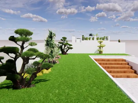 Gambar desain 3D taman dengan bonsai dan rumput