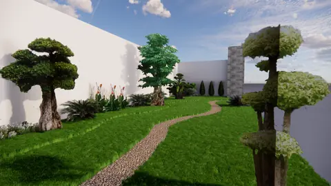 Gambar desain taman luas dengan jalan setapak berkelok dan bonsai