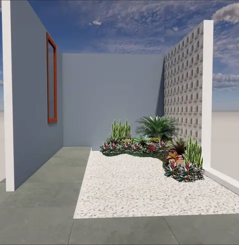 Gambar desain sudut taman dengan kerikil putih dan tanaman