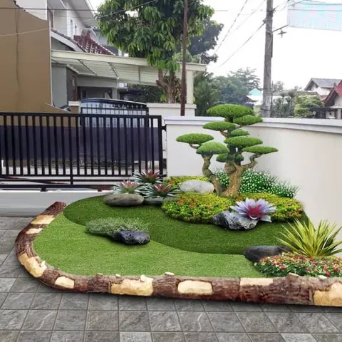 Taman depan rumah dengan bonsai, batu tepi, dan rumput